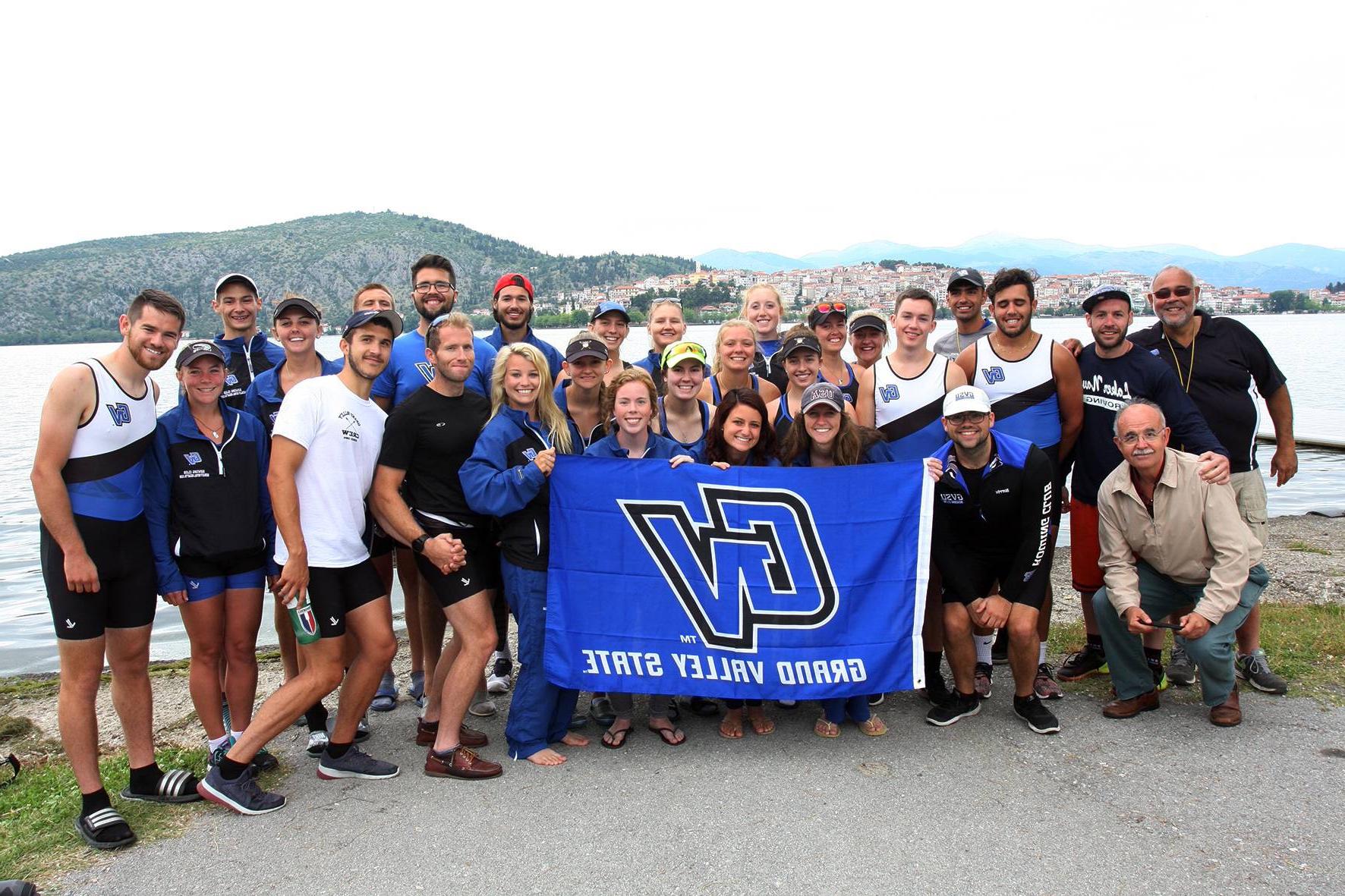 Rowing pose for photo on trip to Greece